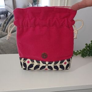 Spartina Plush Pink Velvet Drawstring Cosmetic Pouch with Patterned Base